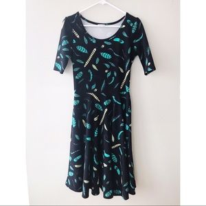 Black Lularoe Nicole Dress with Turquoise Feathers
